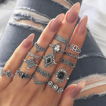 Fashion 15pcs/set Bohemian Geometric Knuckle Finger Ring Set Charm Ladies Joint Rings Gemstone Set Ring Woman Jewelry
