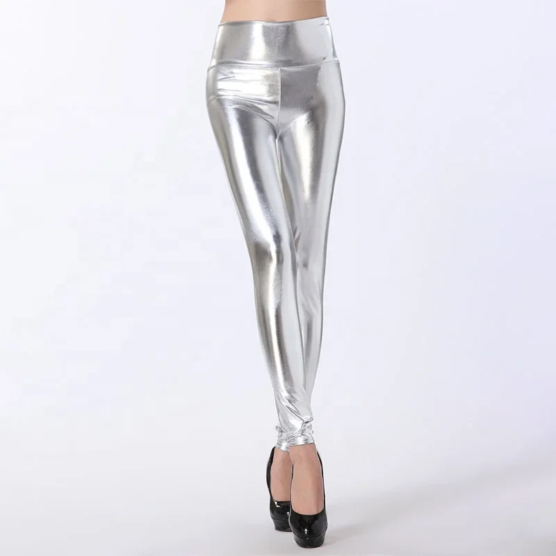 Silver Metallic Leggings. Disco Leggings. Shiny Leggings. Faux