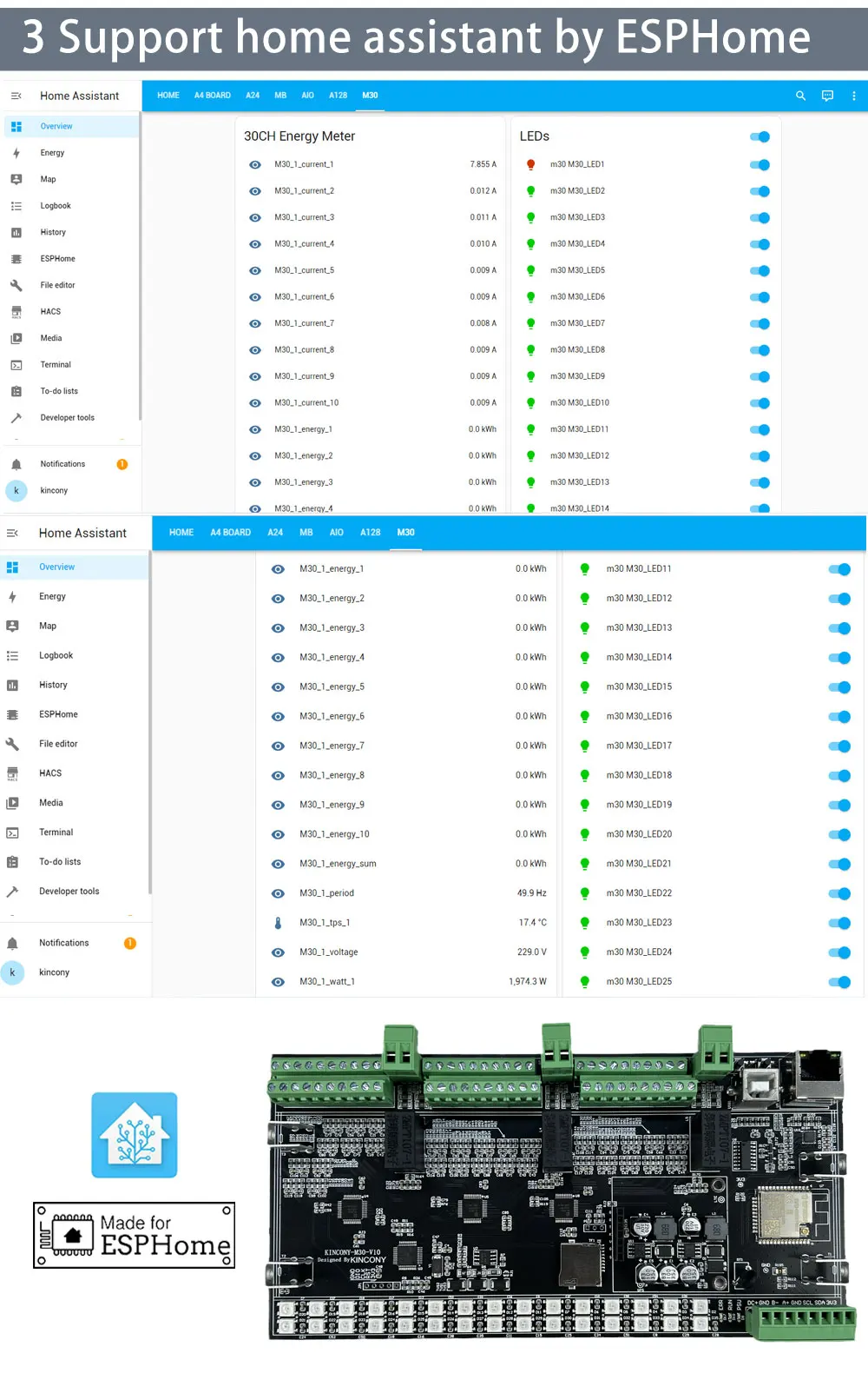 30 Channel ESP32 Energy Monitor Board Kincony M30 for DIY