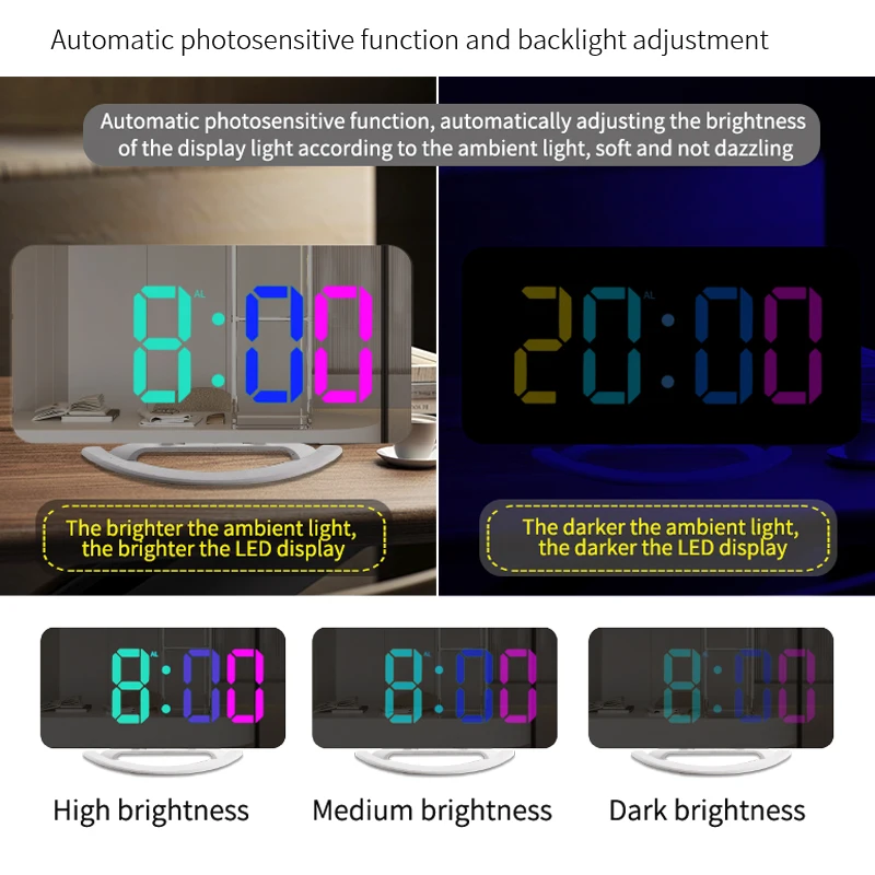Big Display Digital Clock RGB Color Font with Two USB Ports Charging Travel LED Mirror Alarm Clock for Bedside