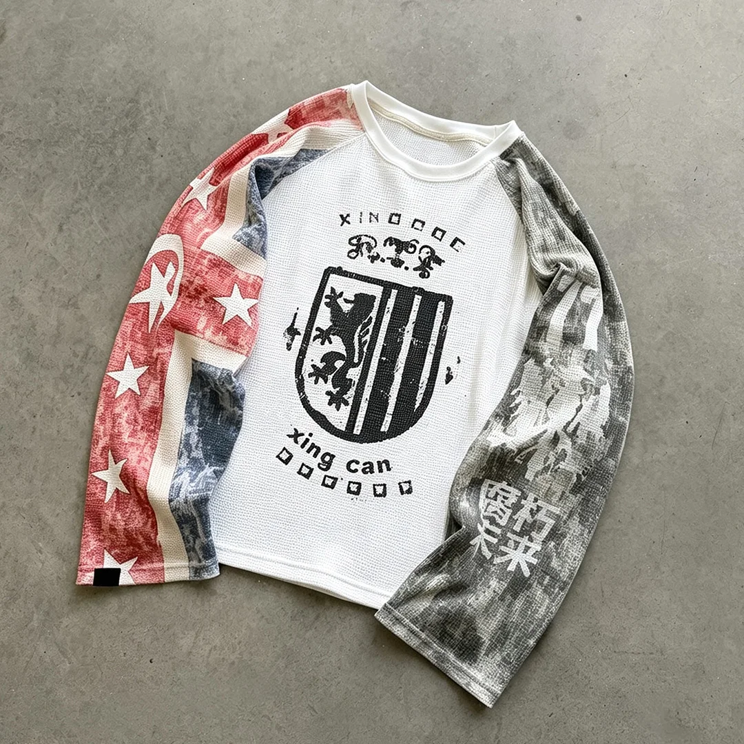 Koszulka uliczna z dzianiny typu waffle, rękawy raglan, długi rękaw, vintage, DTG, dopasowana, unisex, hip-hop, koszulka pod bluzę, marka własna