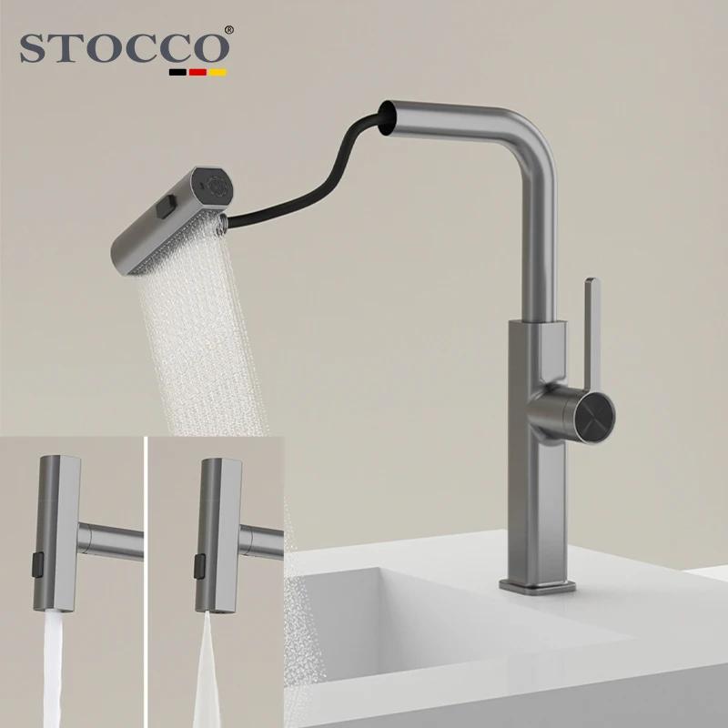 STOCCO Modern Design Single Hole Deck 3 Way Pull Waterfall Kitchen Faucet Brass Material Ceramic Unique Gun Cold Water Tap Pull