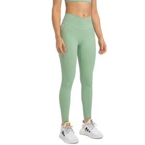 Women V Cut Waistband Cross Waist Booty Seamless Plus Size Leggings Sports Wear Buttery Soft Yoga Pants With Pocket