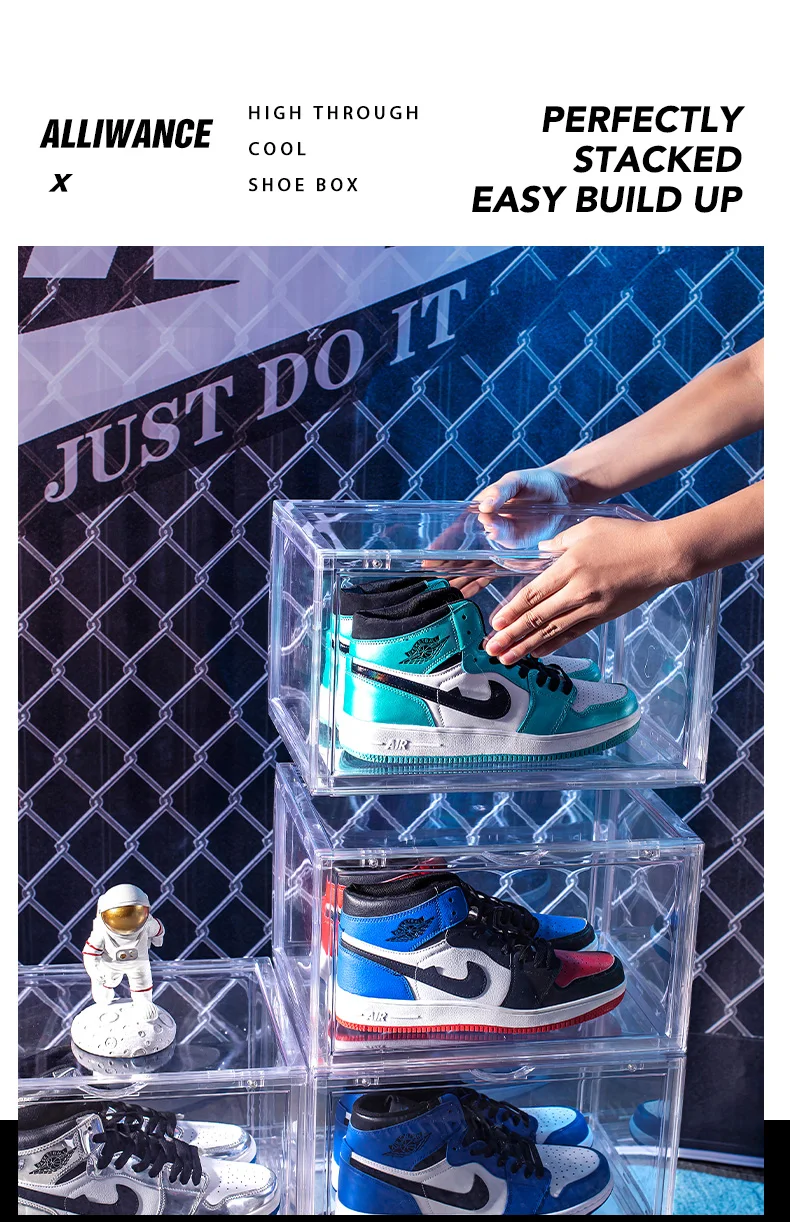 12 Pack Clear Acrylic Drop Front Shoe Box Plastic Magnetic Black ...