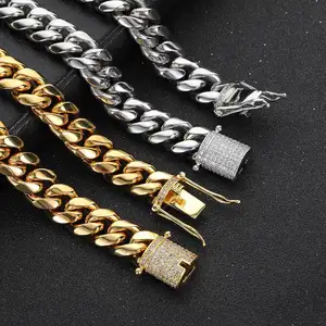 14mm 18K Gold Plated Stainless Steel Cuban Link Chain Necklace Bracelet Hip Hop Fashion Jewelry