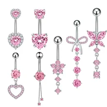 7Pcs/set Belly Button Rings 14G 1.6MM Stainless Steel Pink CZ Navel Rings Belly Button Piercings Jewelry Belly Rings for Women