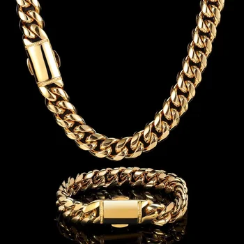 Hip Hop Polished Miami Stainless Steel Chain 18K Gold Plated Customized Logo Cuban Link Chain Necklace For Men's Fashion Jewelry