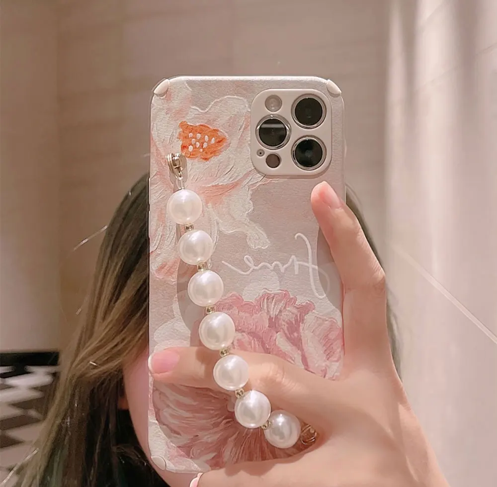 Chain Phone Case For Iphone X 7 8 10 11 12 13 14 15 Max Pro Plus Crossbody Oil Painting Flower Pearl Sjk180 Laudtec details