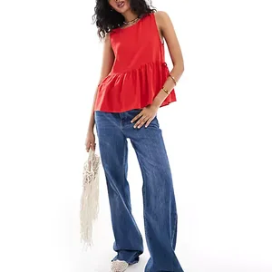 Women's Casual Sweet Sleeveless Tie Side Swing Blouse in Red