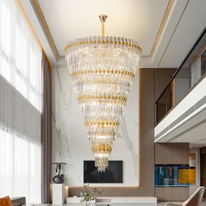 European Gold Crystal Pendant Light Villa Retest Building Living Room Large Long Customized Chandelier for Villa