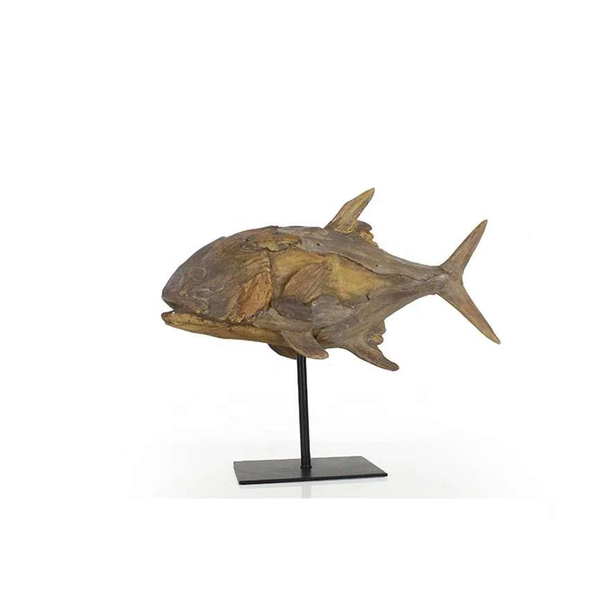 Vintage resin fish sculpture wood look with metal base table top decor