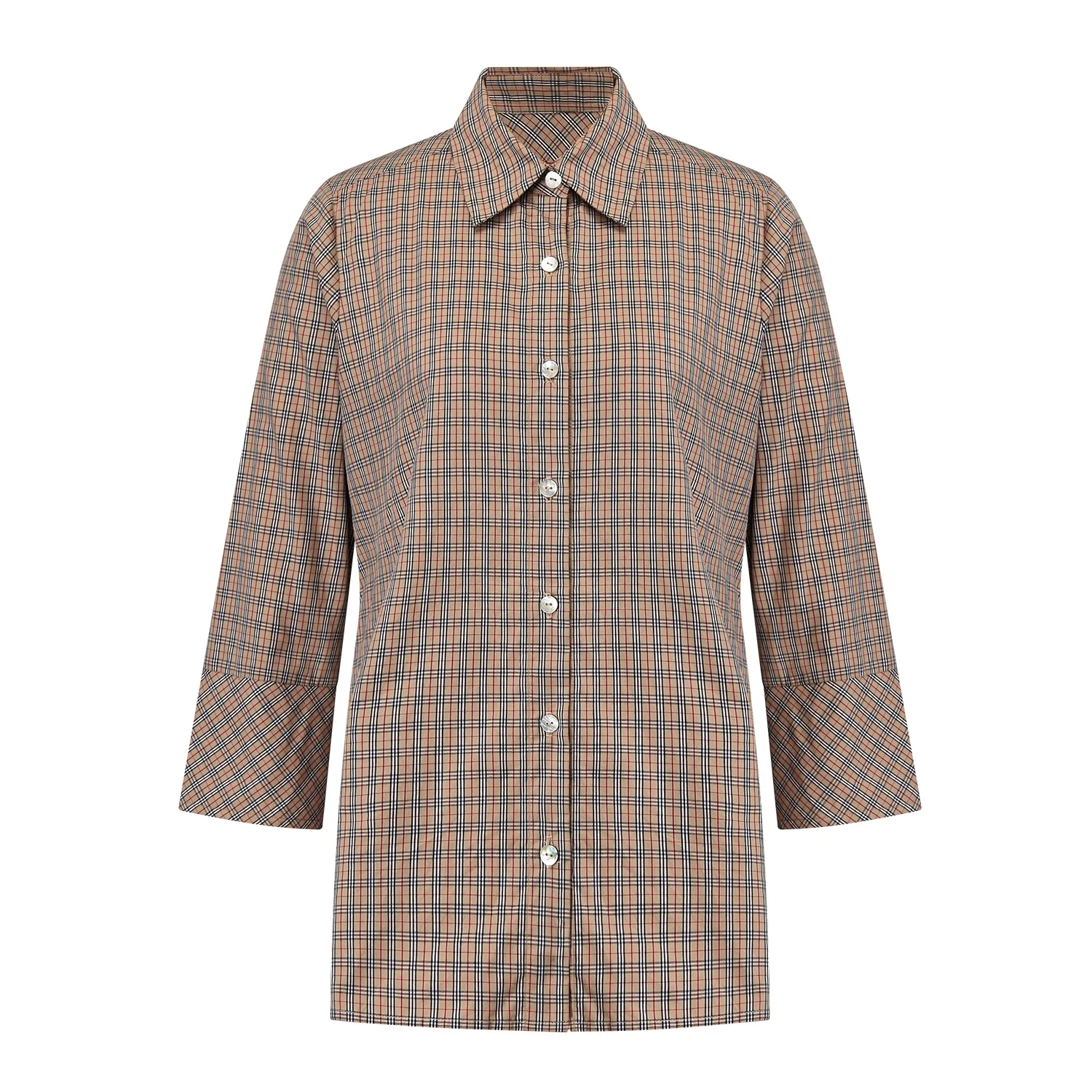 Custom Designs Ladies Solid Brown Oversized Button up Long Sleeve Check Shirts Plaid Ofifce 100% Cotton Blouses Women