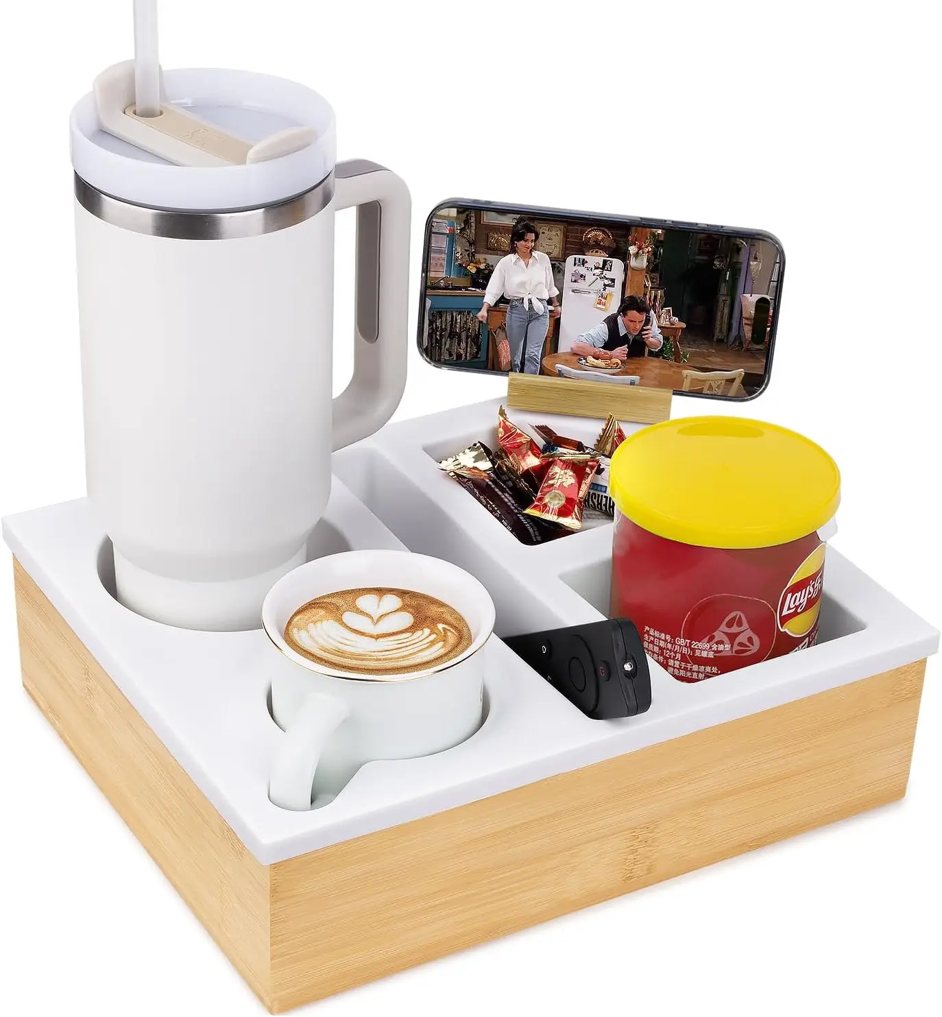 2026 Trending Bamboo Lacquer Finish Rectangle Snacks Tray Sofa Arm & Couch Cup Holder with Phone Stand Eco-Friendly Durable