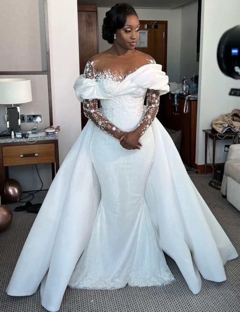 wedding dress with pearl beading Bling Wedding Dresses Pearl Beaded Long Sleeves Ball Gown main image 1