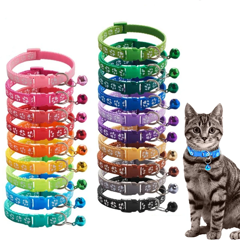 product-750-750 manufacturer wholesale multi-colors paw print reflective adjustable nylon cat dog collar with bell