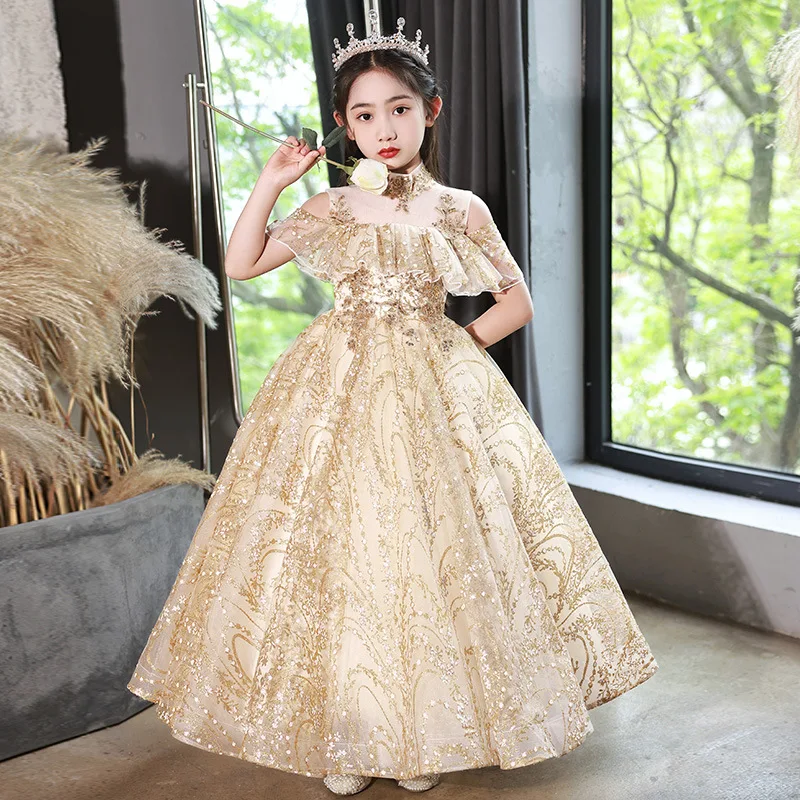 Gold Off-shoulder Sequined Maxi Dress For Girls Oem Available