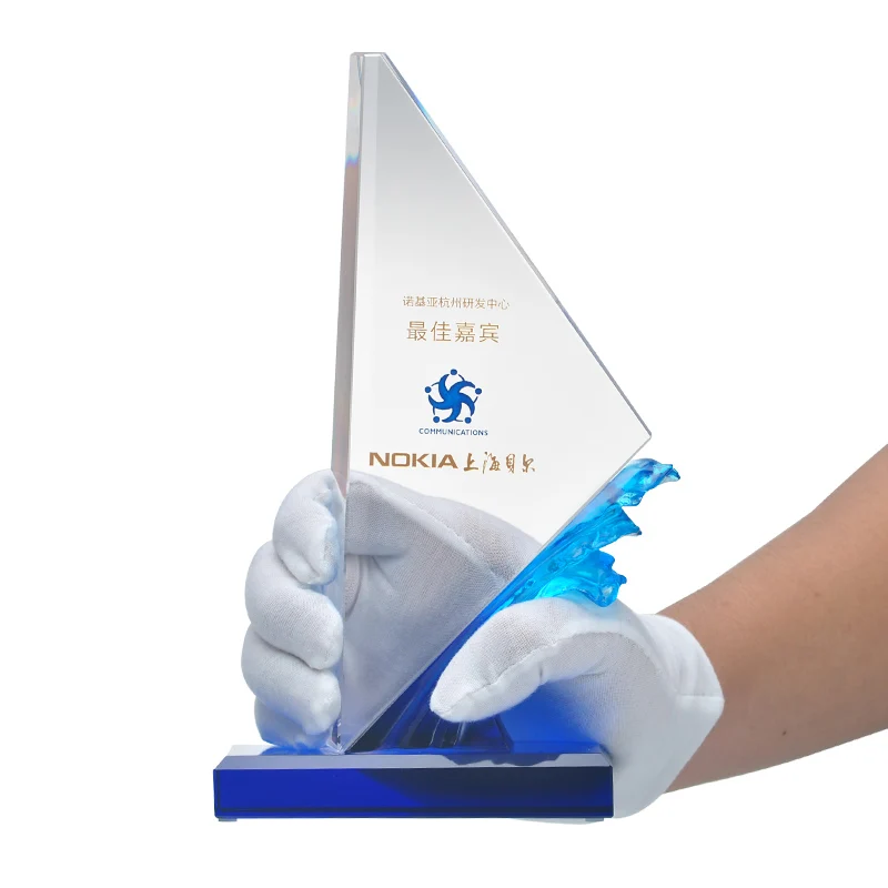 2025 Liuli Crystal Trophy with New Wave Shape UV Printing Competitive Awards for Sailing Sports Event