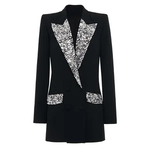 New Arrival Women's Handmade Luxurious Long Solid Notched Collar Blazer Double Breasted Slim Fit Polyester/Cotton Jacket