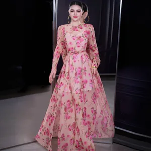 Bettergirl 2026 Ramadan Round neck elegant printed slit chiffon elegant temperament dress