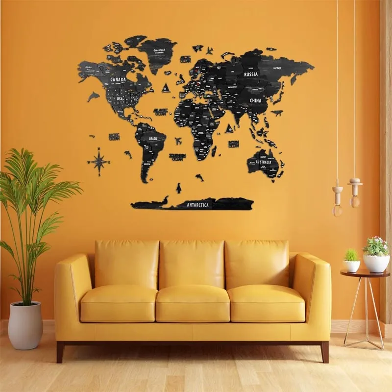 Wall Decor,Multicolor World Travel Map With Pins,Wood World Map Wall