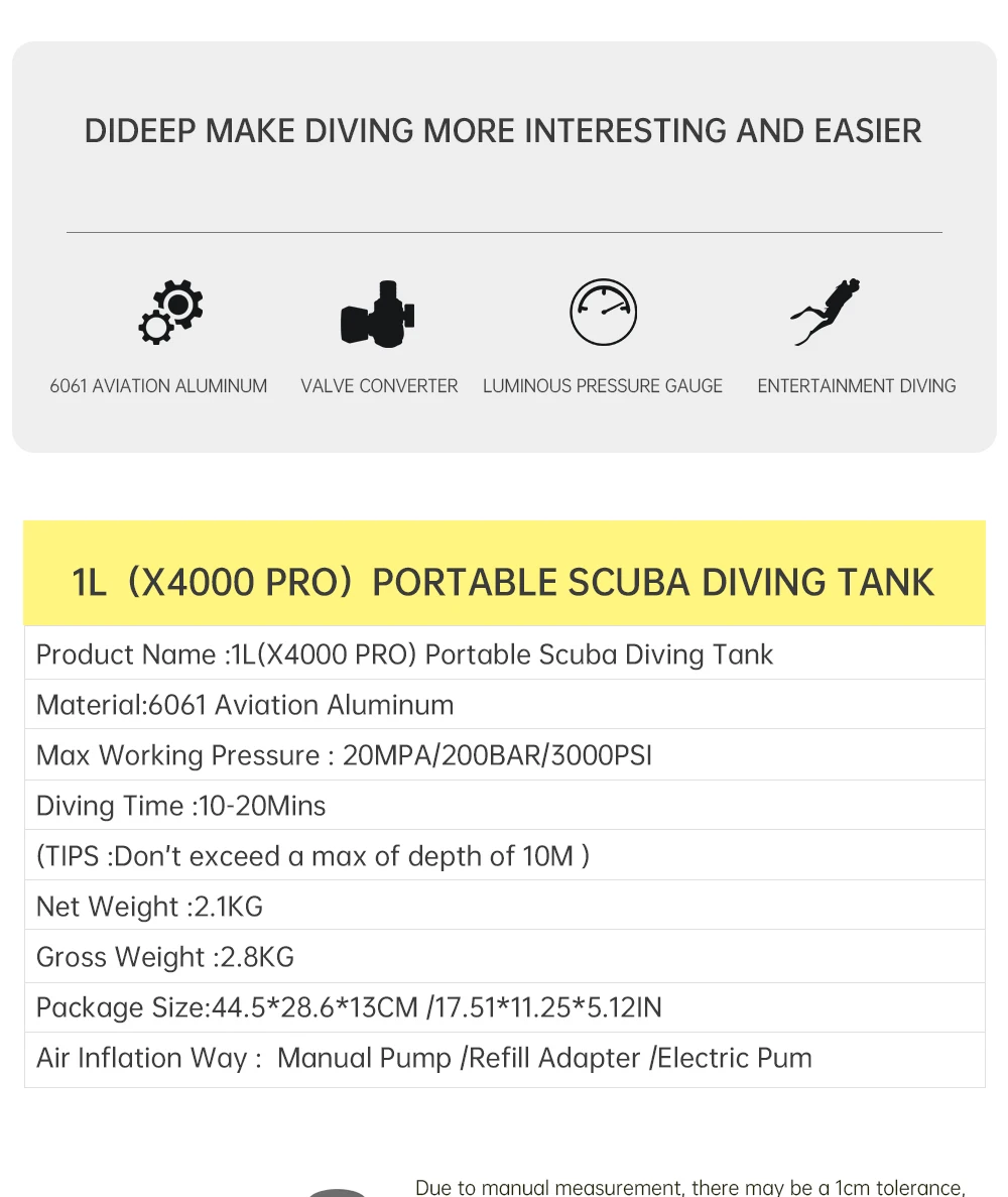 1L Scuba Diving Air Tank Set - High Pressure & Durability