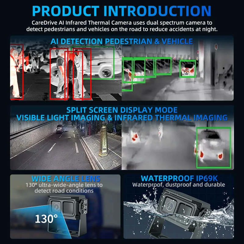 Caredrive CC1003-AHD20 Thermal Imaging Camera Waterproof IP69K Dual Spectrum for Vehicle Safety Driving Monitoring System