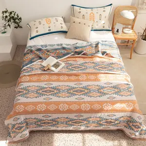 Wholesale 4-Layers Breathable Cotton Gauze  Fabric Throw Blanket Bohemian Style Woven Fabric for Living Room