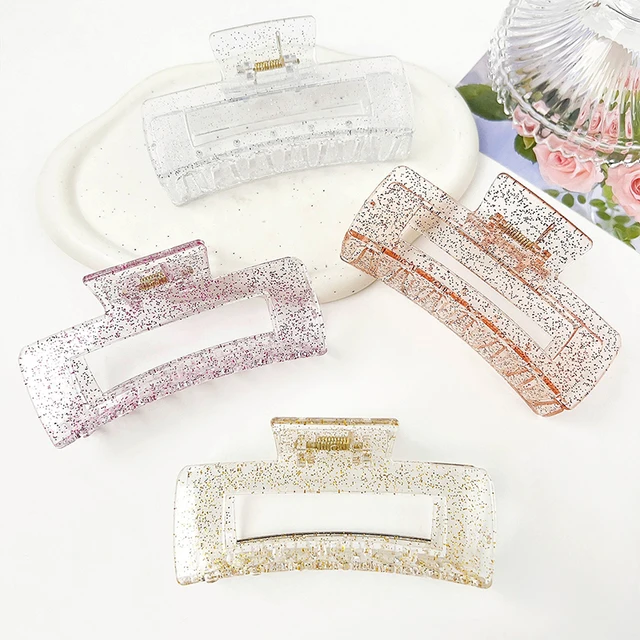 Korean Style Transparent Pink Black Hair Clips Shining Hollow Square Large Shark Hair Claw Female Ponytails Hair Clips