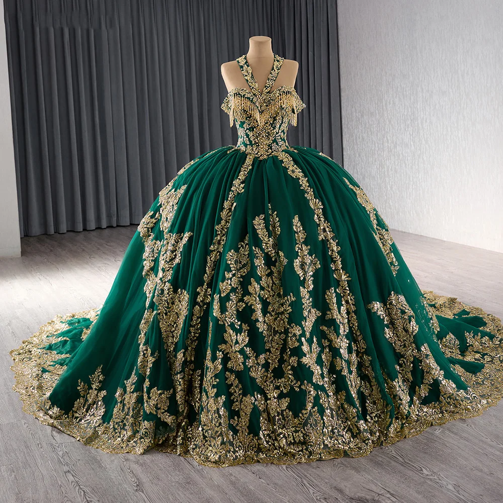 Emerald Green Ruffled Maxi Ball Gown Dress With Lace Appliques Odm
