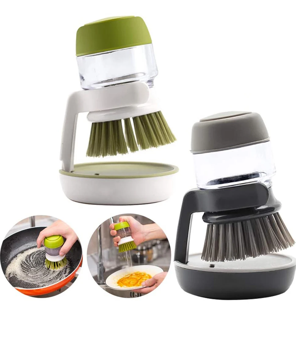 4 Scrubber Soap Dispense Palm Wash Brush Cleaning Pan Pot Dish Bowl Kitchen Tool