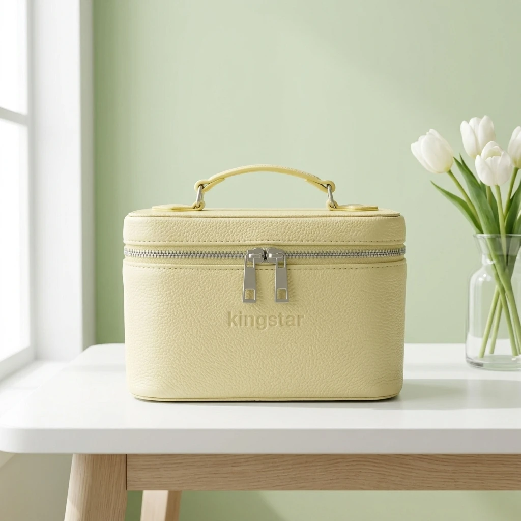 Fashion Girls Lemon Yellow Litchi Grain Leather Vanity case Embossed logo Waterproof Portable Leather Makeup Bag with Top Handle