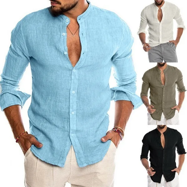 Fashion New Men's Cotton Linen Shirt Loose Tops Long Sleeve Tee Casual ...