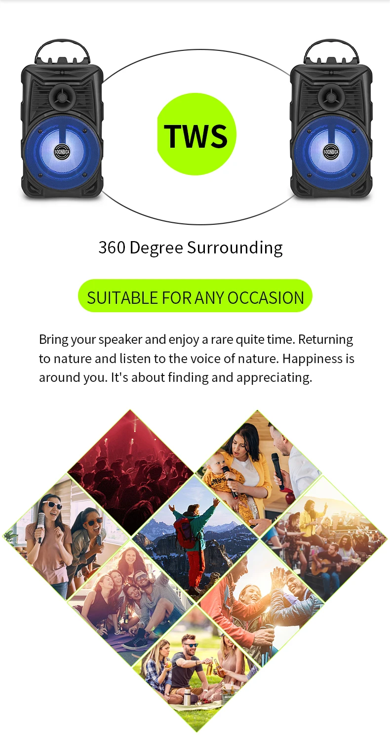 S5 SOONBOX Outdoor Bt Waterproof Super Heavy Bass Speaker Colorful Led Wireless Portable Karaoke Speaker With Mic