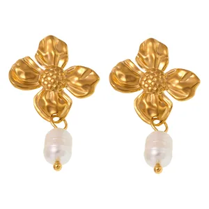 Light Luxury Chunky Big Texture Flower Design Pearl Drop Earring 18k Gold Plated Titanium Steel Earrings for Women