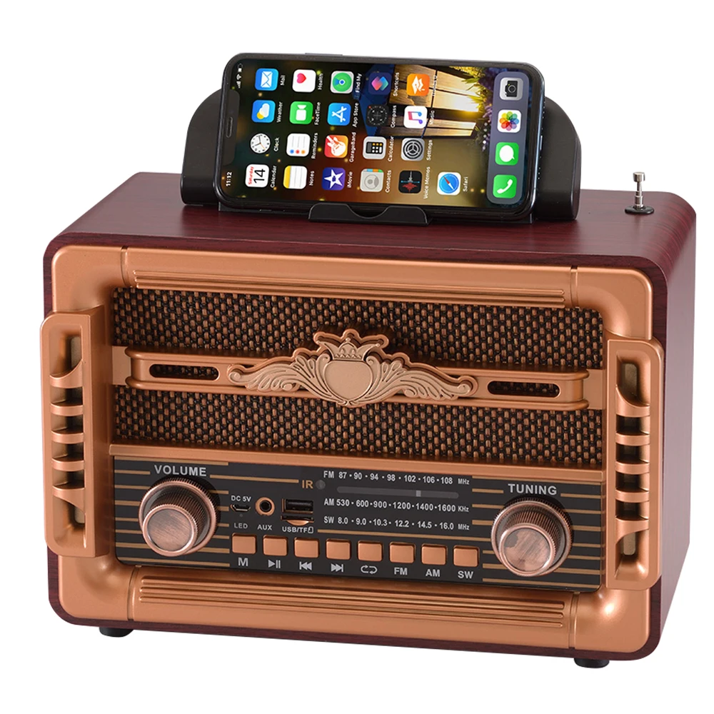 Retro Desktop Radio Vintage FM AM SW Multi-band Wooden Boxes Wireless Radio with BT Speaker and USB TF Remote Control