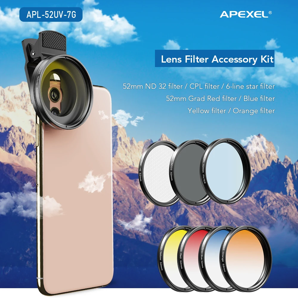 Universal Clip Round Photography CPL ND32 Star Graduated Filter APEXEL 52MM Complete Lens Filter Accessory Kit for Lenses