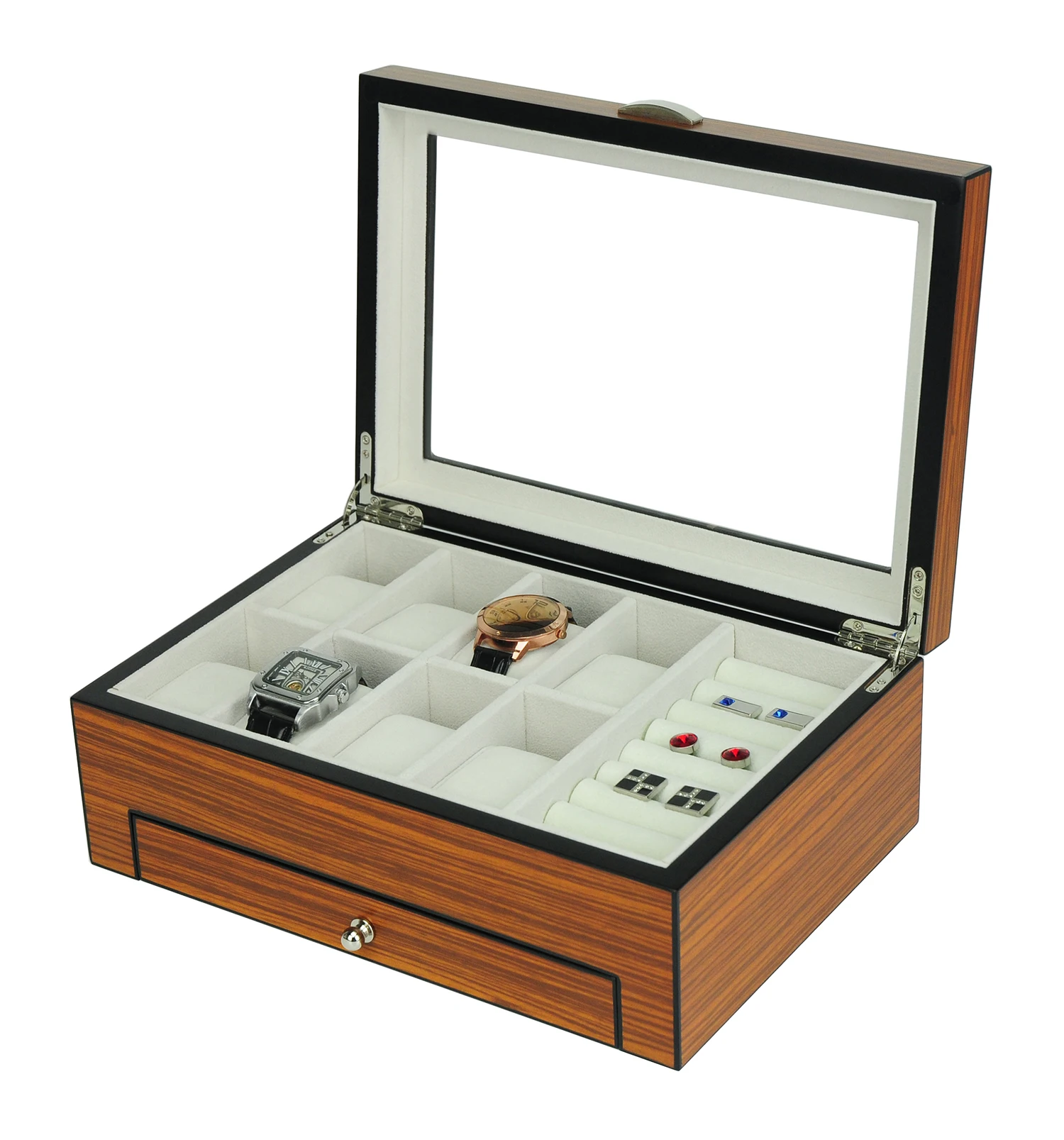 Customization Matte Wooden Watch Jewelry Box with a Drawer and Glass Window Hold Rings Cufflinks Keys Pen for Man and Woman
