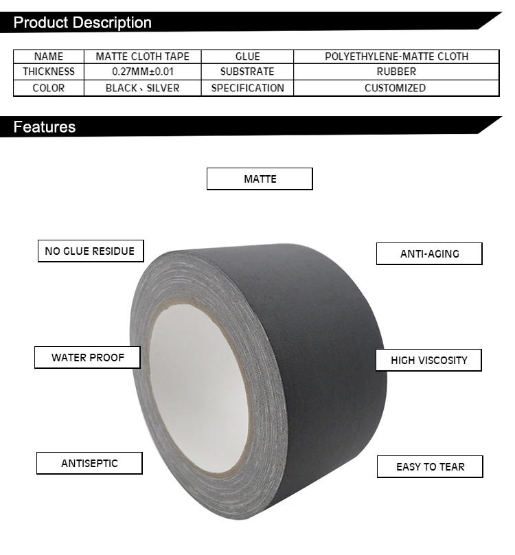 No Residue High Adhesive Heavy Duty PRO Matte Non Reflective Cloth Book Binding Wire Duct Gaffer