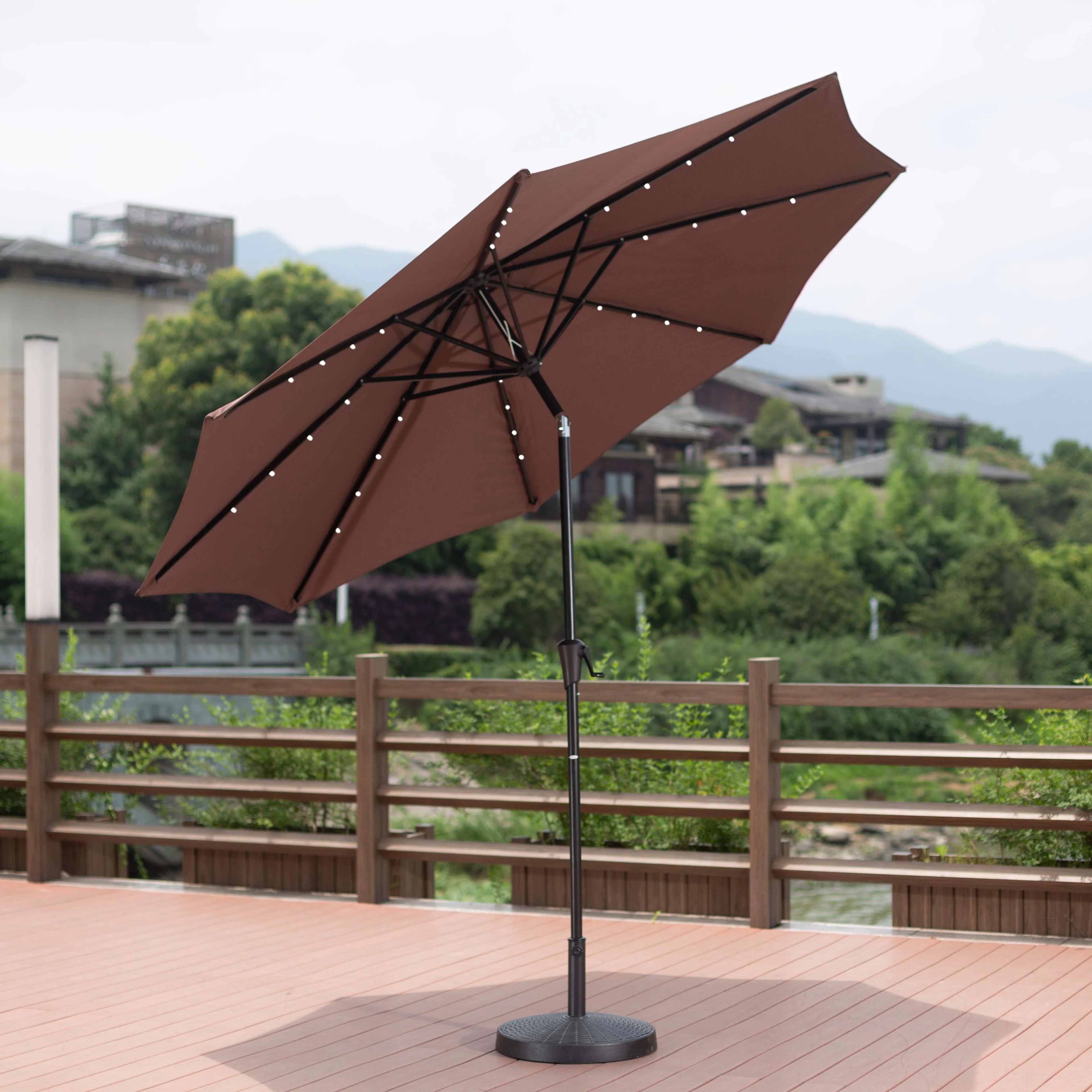 Custom Logo Solar Center Pillar Patio Umbrella Outdoor Round Umbrella  patio outdoor parasol with solar lights