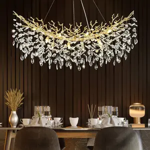 Modern Restaurant Crystal Chandelier L120CM/L160CM Black/Gold Luxury LED Adjustable Height K9 Raindrop Branch Light High Ceiling