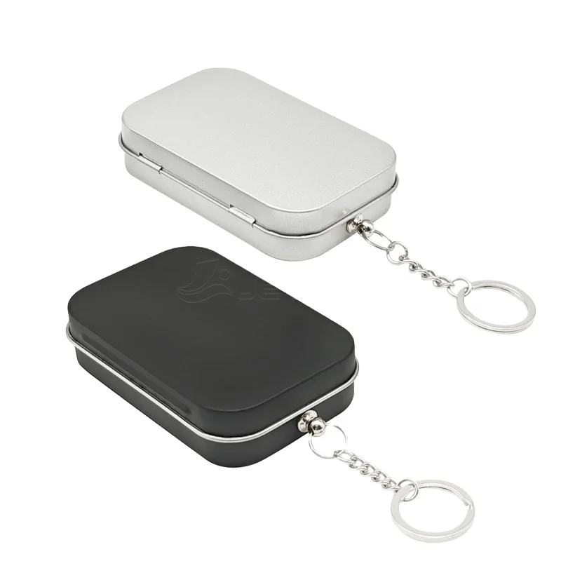 Rectangular Hinged Metal Packing Tin Box Silver Black  Plain Tin Container Small Metal Tins Box with Key Chain