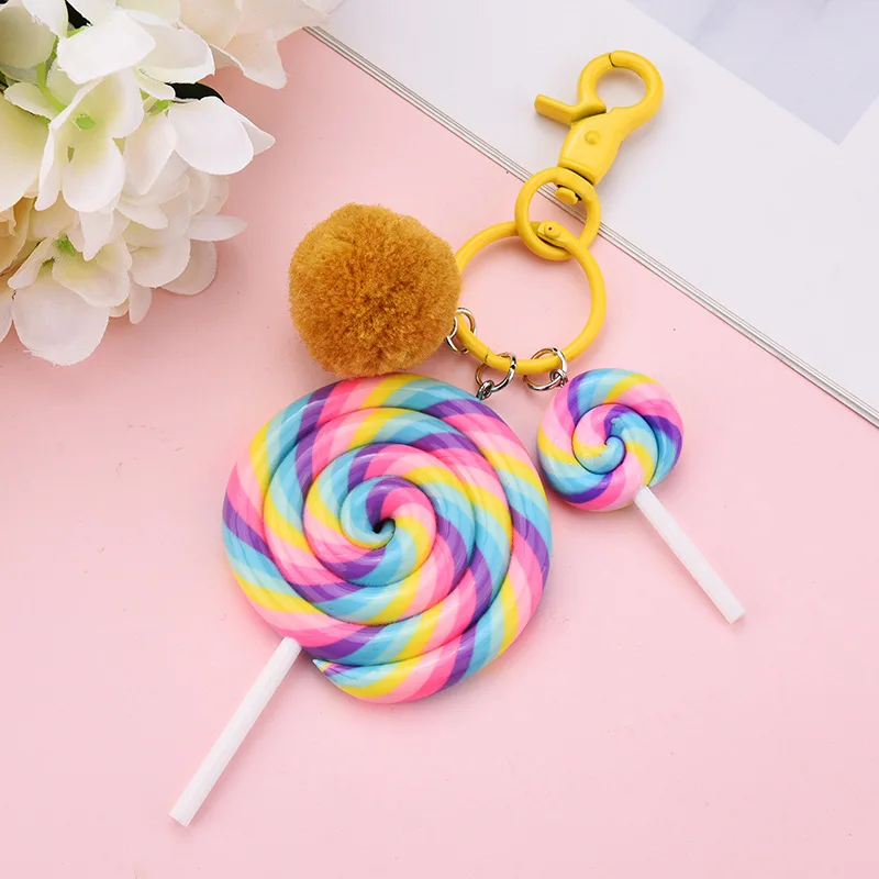 Lovely Rainbow Lollipop Polymer Clay Key Chain Ornaments with Pom Pom Ball Color Metal Hook Key Ring Car Bag Accessories Gifts