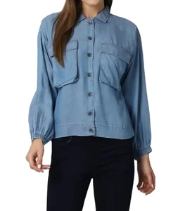 Women's Bubble Sleeve Chambray Denim Shirt Button-Down Flap Pockets Eco-Friendly Breathable Polyester/Cotton Fashion Casual Wear