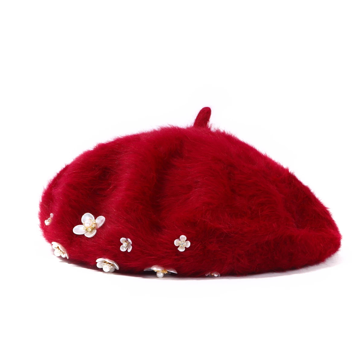 2744 Rabbit Fur Beret Hat French Beret Cap Winter Warm Flowers Pearls Beanie Fashion Girl Autumn and Winter Cute Warm Artist Hat Rabbit  main image 2