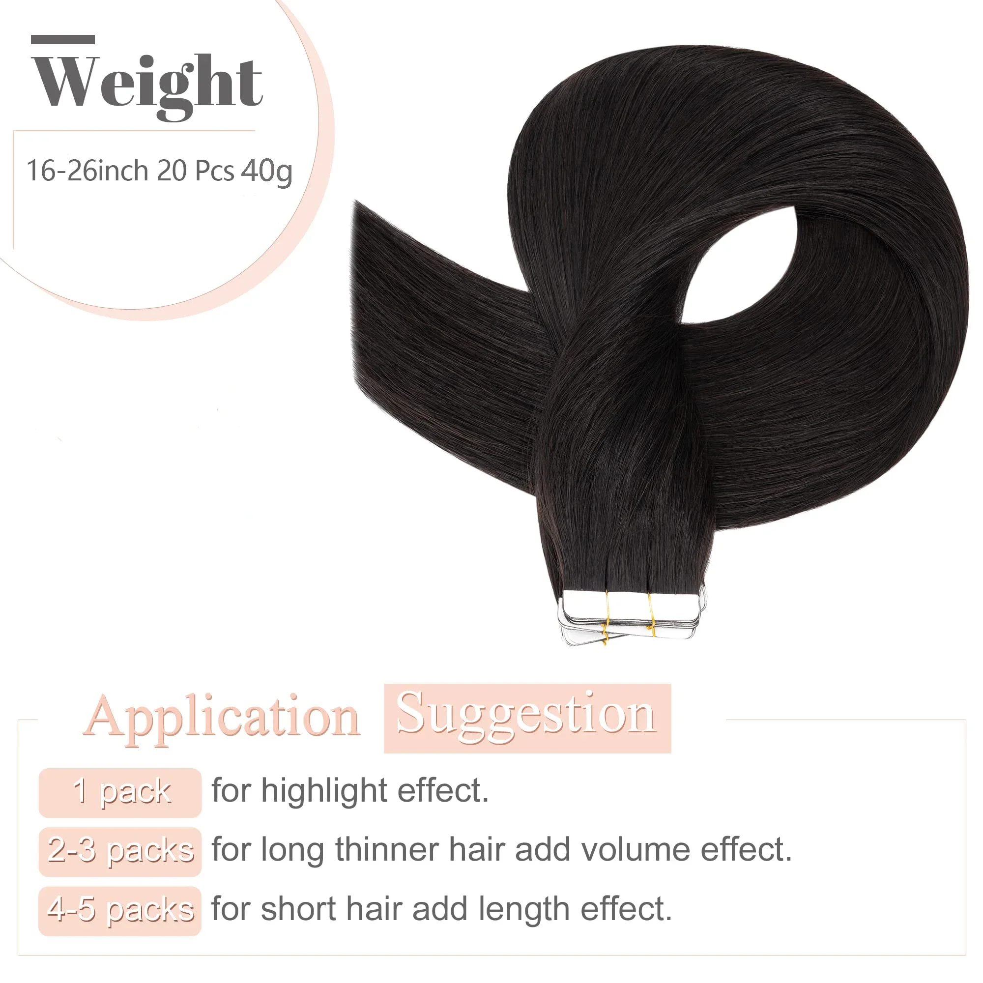 Fita reta em extensões de cabelo humano preto natural #1B Remy cabelo pele sem costura trama fita extensões mulheres_voghion.com