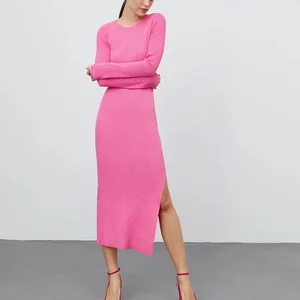 Pink Women Knitted Dress With Side Slits Bodycon Autumn Winter Tight Dresses Elegant Long Sleeve Female Ribbed Knit Dress 2024