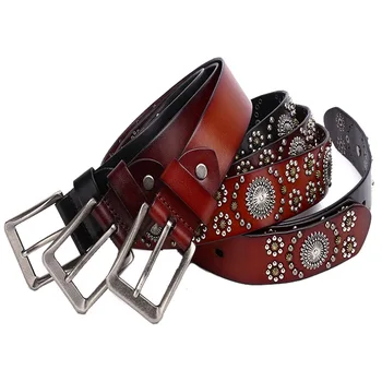 New Style Women's Individuality Belt Punk Hip-hop Flower Rivets Natural Genuine Leather Belts for Garment Jeans