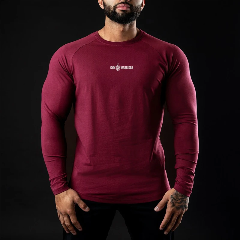 Cotton Elastane Muscle Slim Fit Crewneck Custom Factory Support Wholesale Gym Fitness Clothing Mens Long Sleeve T Shirt