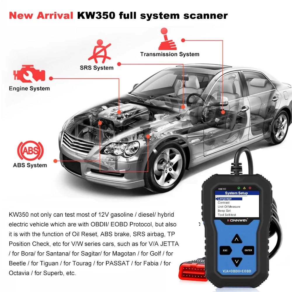 Konnwei Factory Direct Car Full System Obd Ii Diagnostic Tool Obd2 Scanner  for VAG ABS SRS TPS Oil Reset Transmission System
