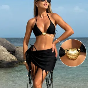 Swimsuits Woman 2026 Women'S 3 Piece Black Bikini Set With Shell Decoration Tassel Skirt Swimsuit 2026